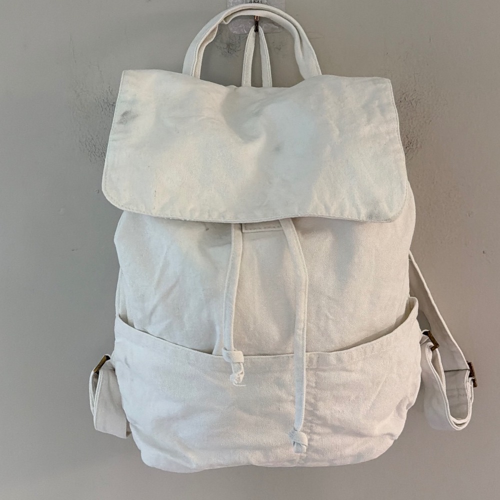 LAUDE the Label Cream Cotton Canvas Backpack Drawstring Flap Handmade India